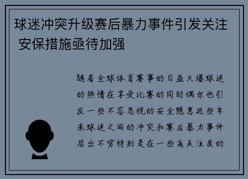 球迷冲突升级赛后暴力事件引发关注 安保措施亟待加强