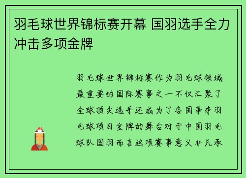 羽毛球世界锦标赛开幕 国羽选手全力冲击多项金牌