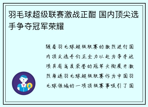 羽毛球超级联赛激战正酣 国内顶尖选手争夺冠军荣耀